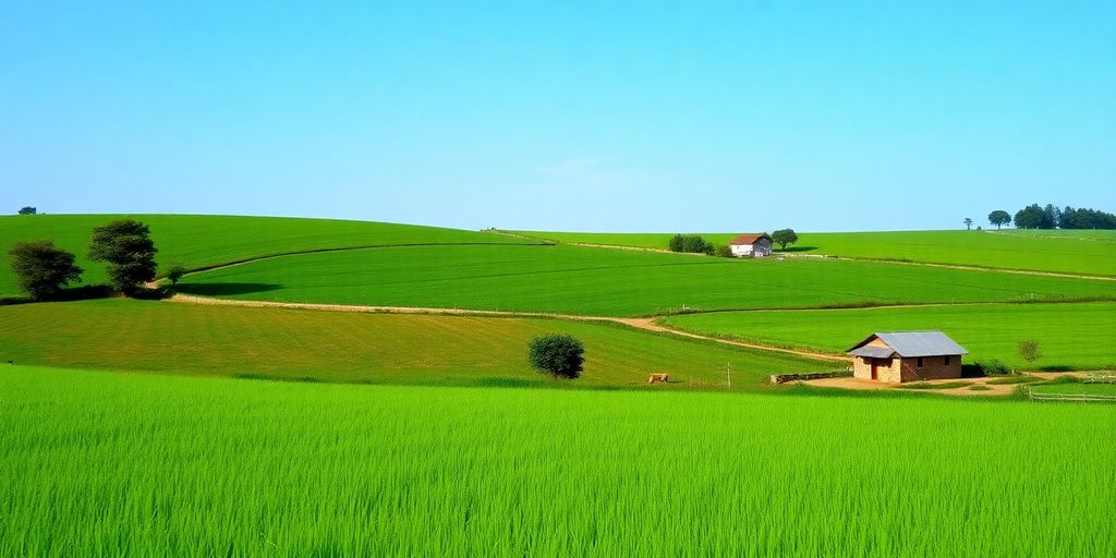 Peisaj rural cu câmpuri verzi și o casă mică.