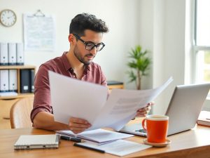 Persoană analizând documente într-un birou luminos.