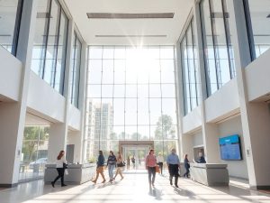 Clădire guvernamentală modernă, luminată natural, cu spații deschise și oameni.