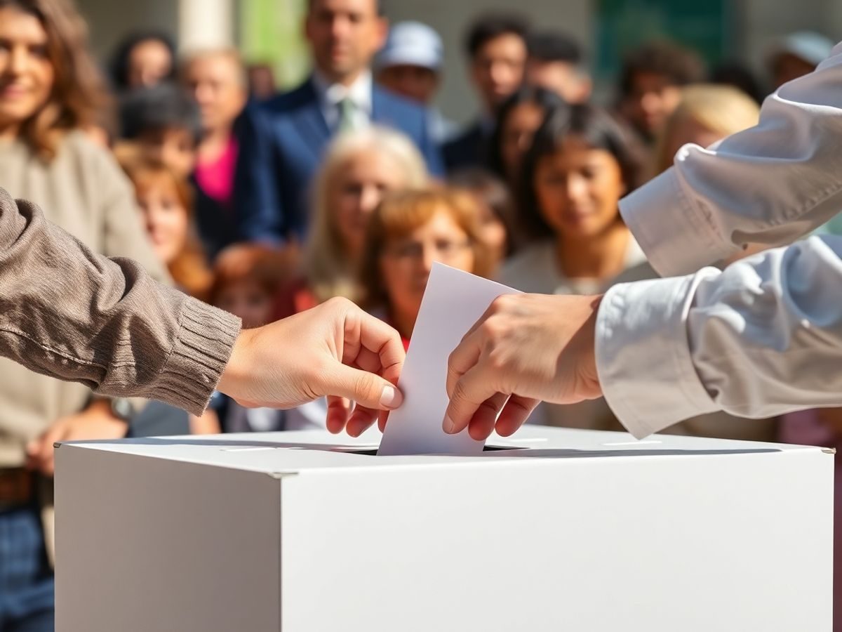 Oameni votând la o urnă de vot