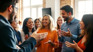 Oameni discutând constructiv în lumina soarelui.