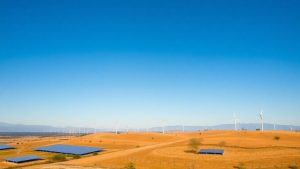 Turbine eoliene și panouri solare pe un fundal natural.